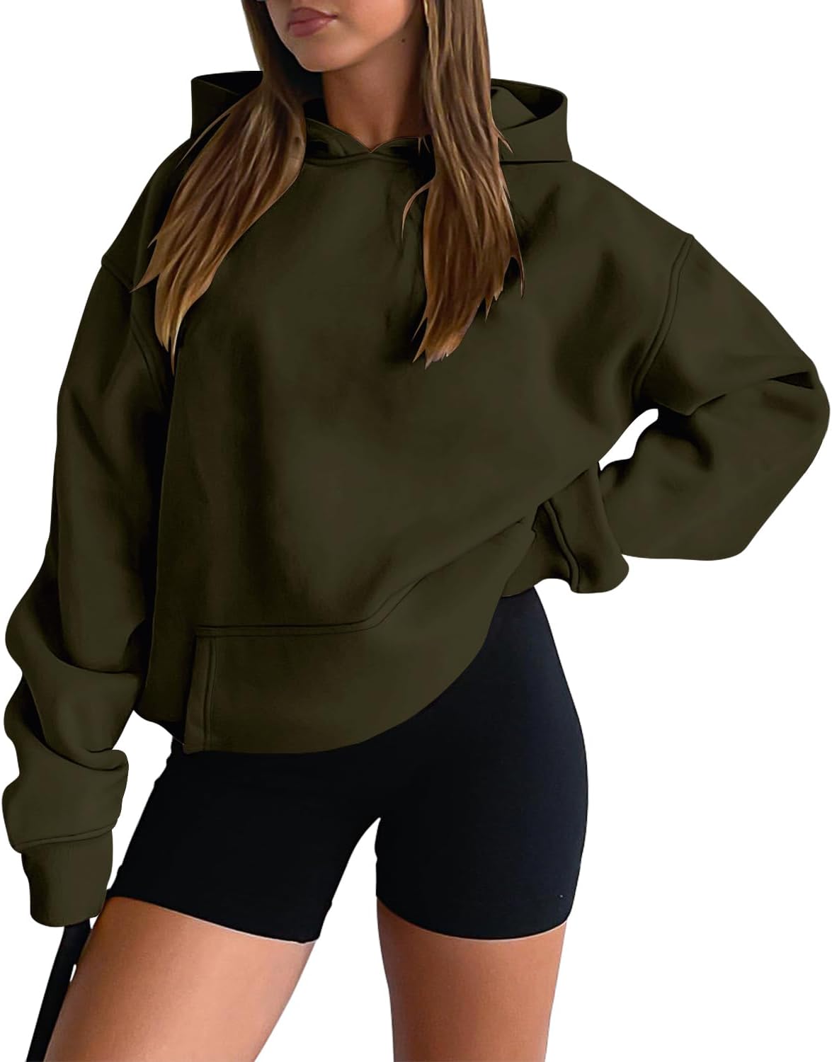 onlypuff Women Hoodies Casual Pullover Long Sleeve Sweatshirt Kangaroo Pocket Drop Shoulder Sweater