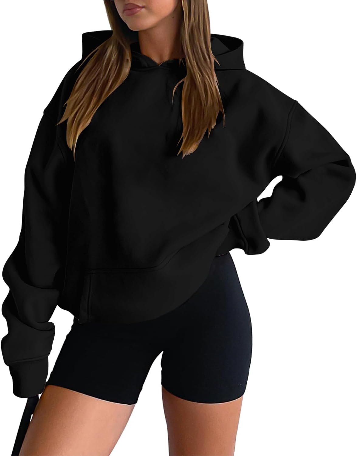 onlypuff Women Hoodies Casual Pullover Long Sleeve Sweatshirt Kangaroo Pocket Drop Shoulder Sweater