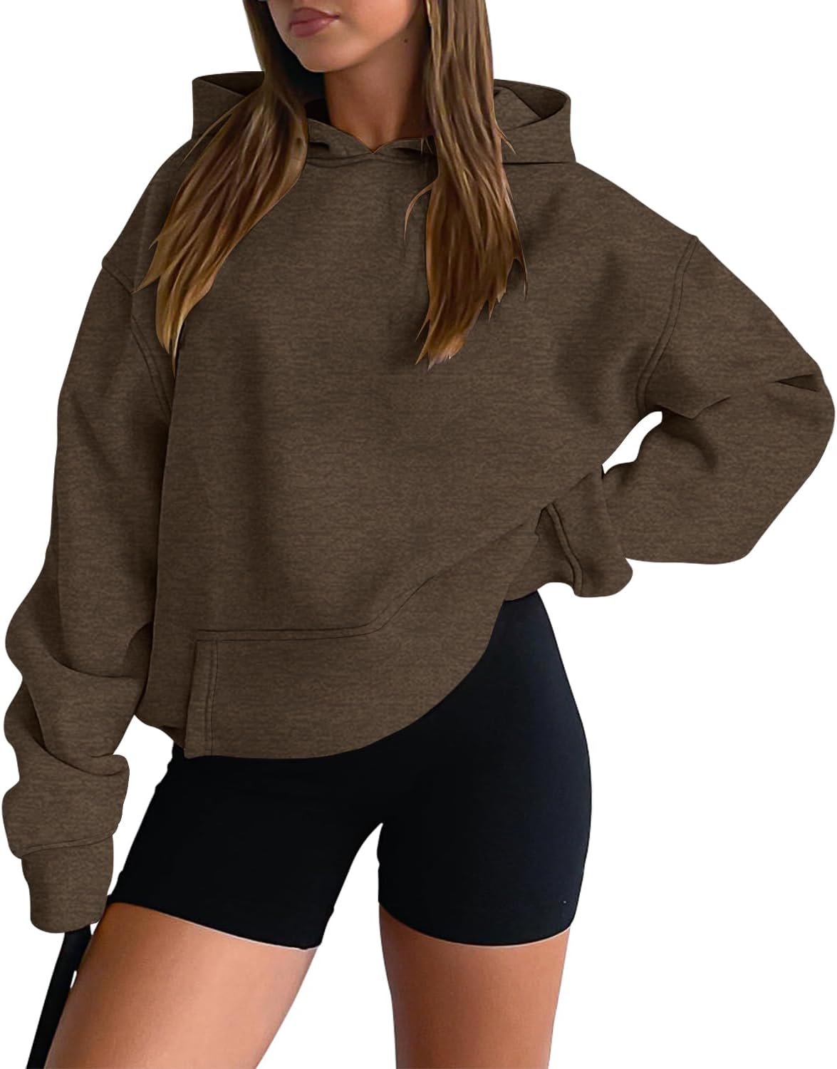 onlypuff Women Hoodies Casual Pullover Long Sleeve Sweatshirt Kangaroo Pocket Drop Shoulder Sweater