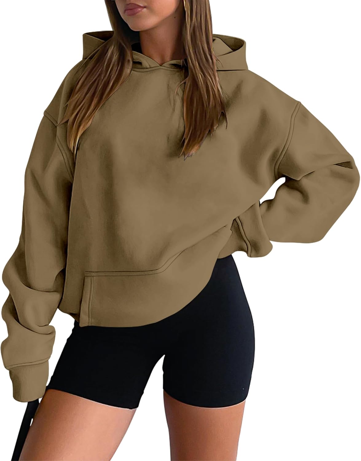 onlypuff Women Hoodies Casual Pullover Long Sleeve Sweatshirt Kangaroo Pocket Drop Shoulder Sweater