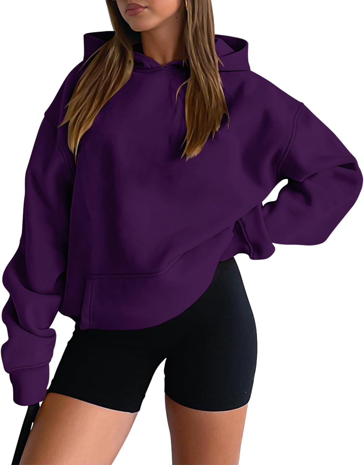 onlypuff Women Hoodies Casual Pullover Long Sleeve Sweatshirt Kangaroo Pocket Drop Shoulder Sweater