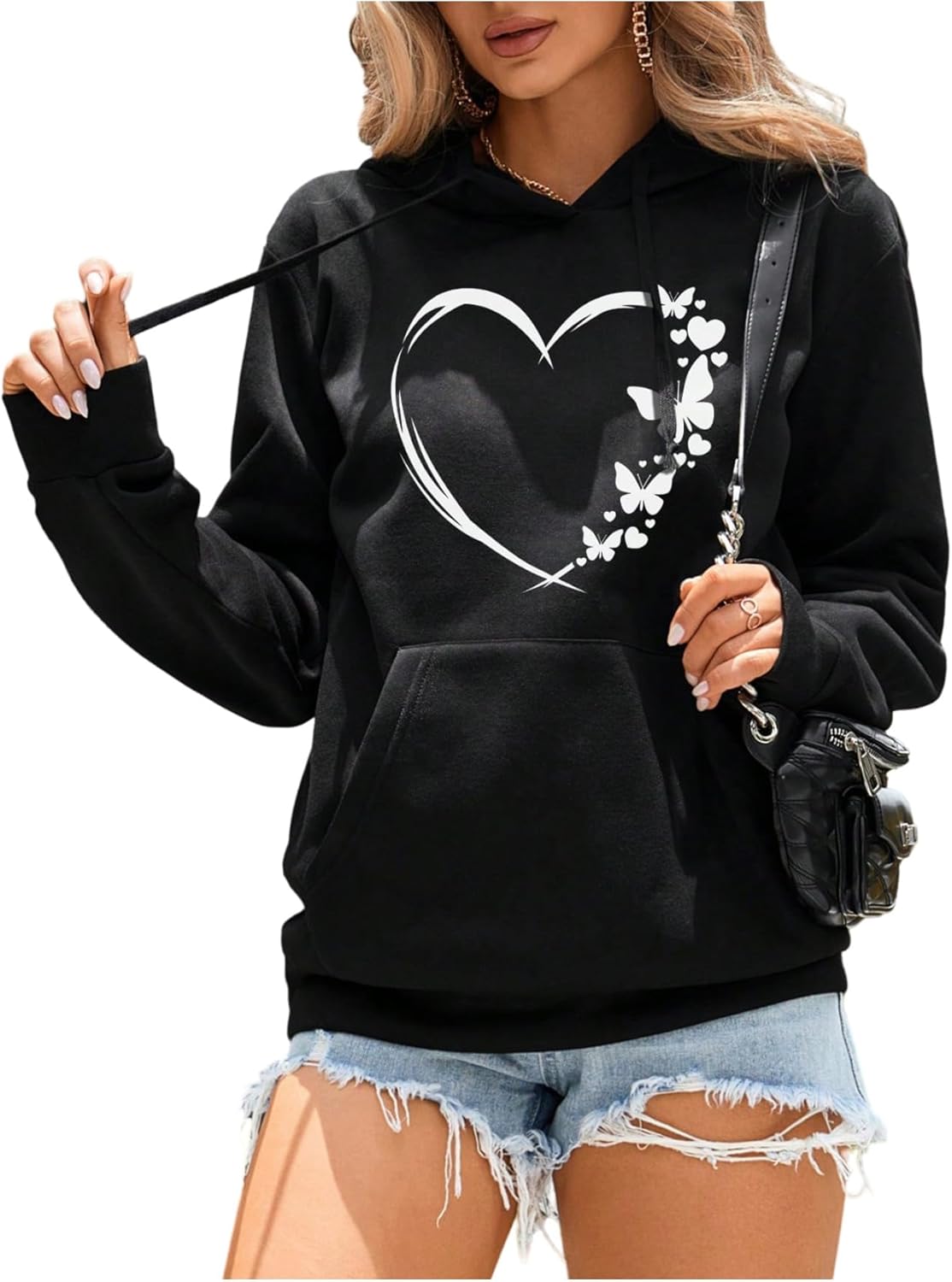 SOLY HUX Women's Graphic Hoodies Heart Print Drawstring Long Sleeve Pocket Sweatshirt Pullover Tops