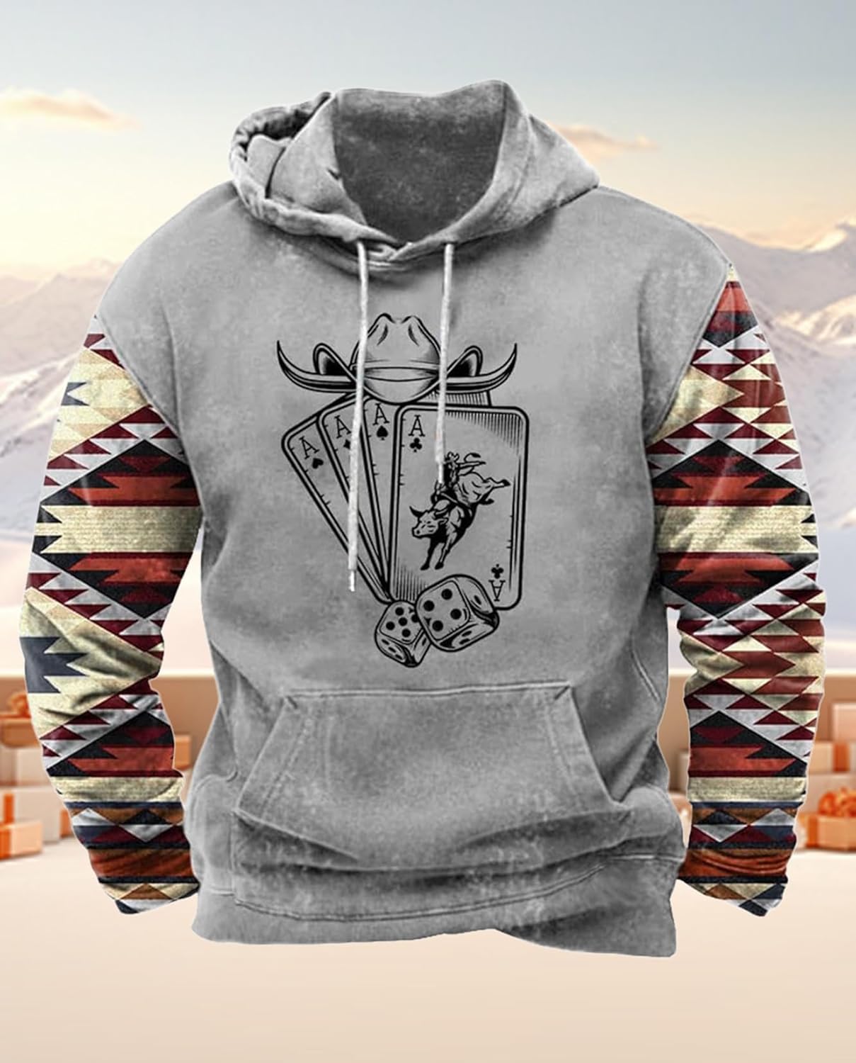 Zhyaj Western Hoodie for Men Aztec Cowboy Printed Drawstring Pullover Hooded Sweatshirt Mens Comfy Fleece Sweatshirt