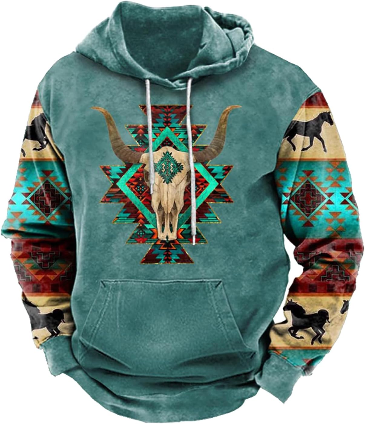 Zhyaj Western Hoodie for Men Aztec Cowboy Printed Drawstring Pullover Hooded Sweatshirt Mens Comfy Fleece Sweatshirt