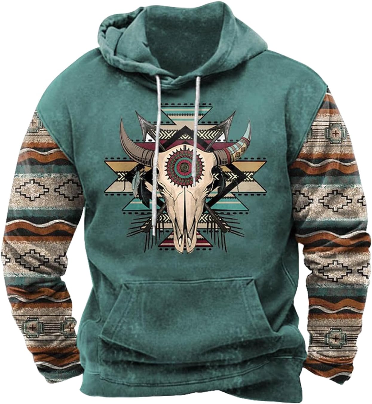 Zhyaj Western Hoodie for Men Aztec Cowboy Printed Drawstring Pullover Hooded Sweatshirt Mens Comfy Fleece Sweatshirt