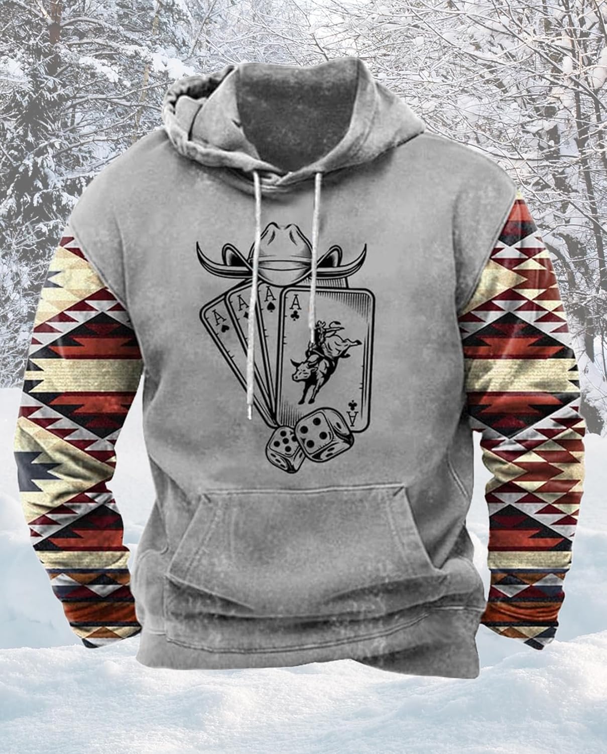 Zhyaj Western Hoodie for Men Aztec Cowboy Printed Drawstring Pullover Hooded Sweatshirt Mens Comfy Fleece Sweatshirt