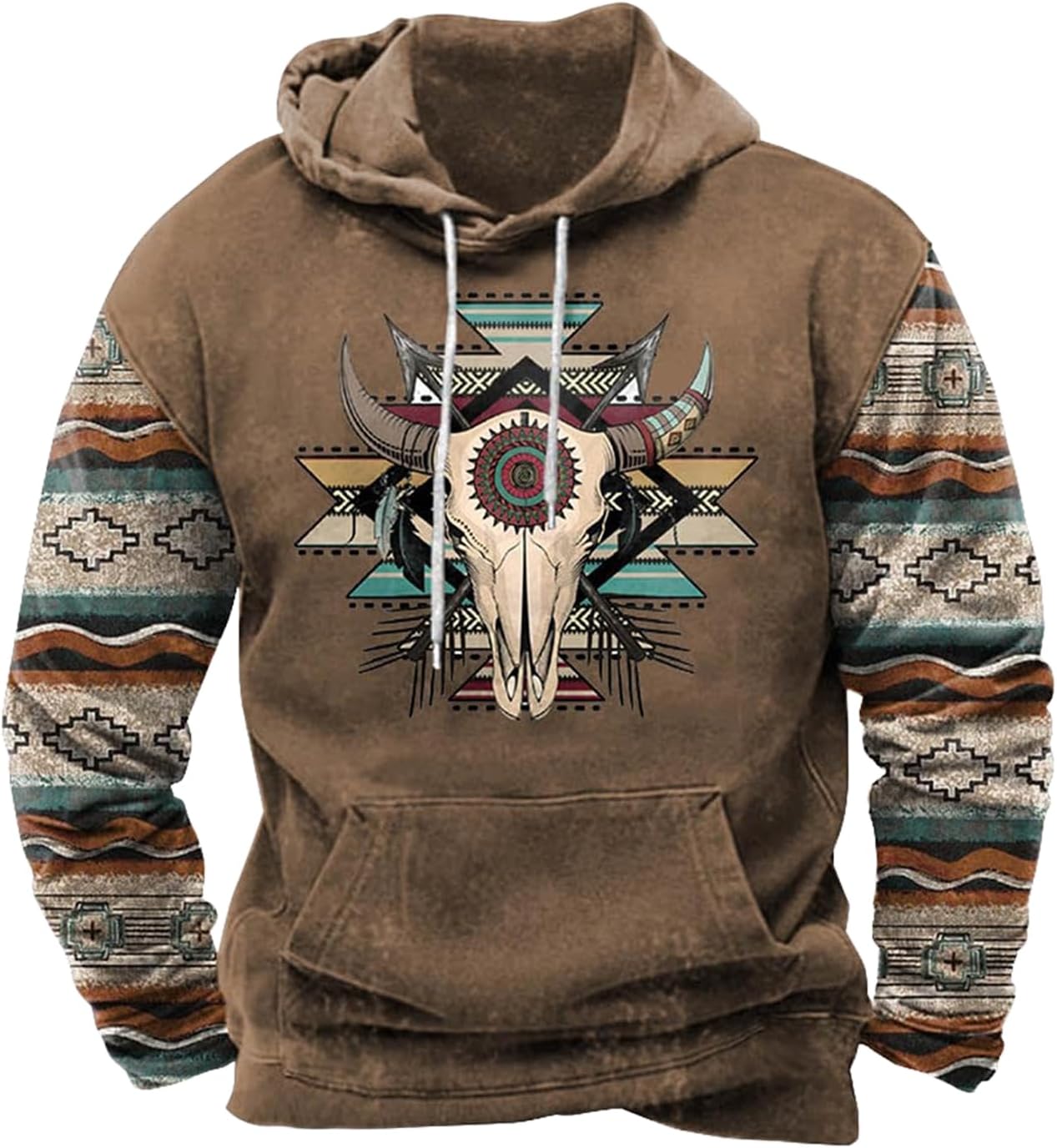 Zhyaj Western Hoodie for Men Aztec Cowboy Printed Drawstring Pullover Hooded Sweatshirt Mens Comfy Fleece Sweatshirt