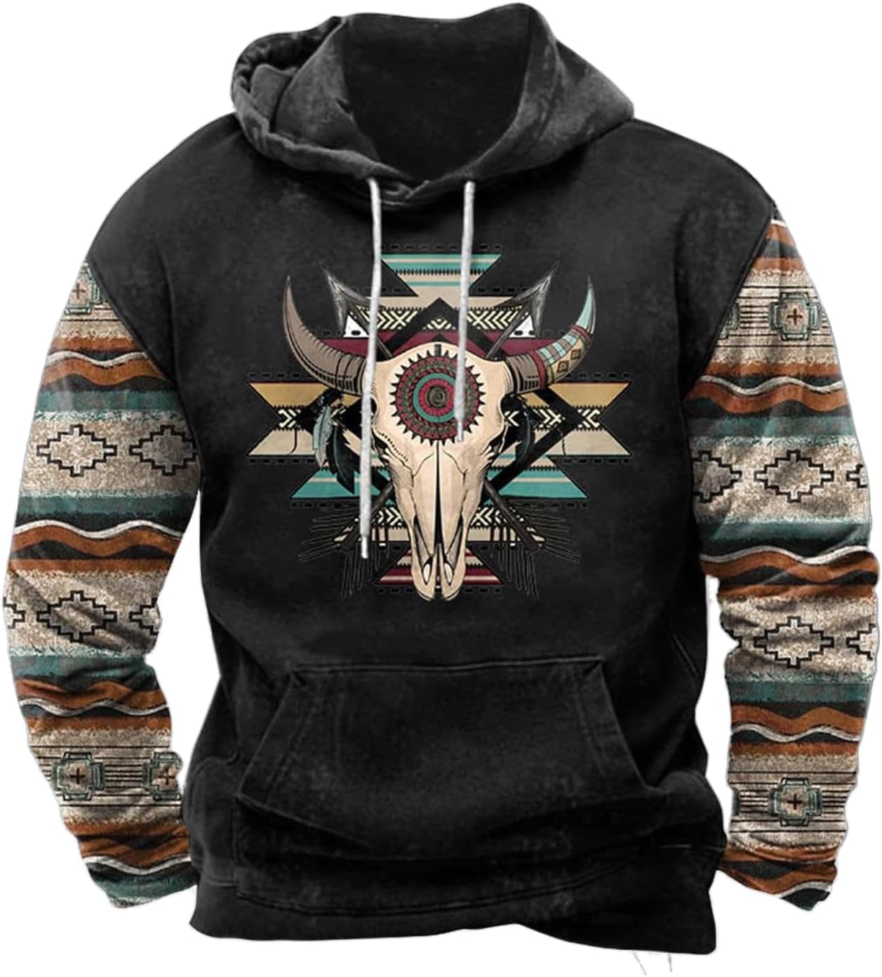 Zhyaj Western Hoodie for Men Aztec Cowboy Printed Drawstring Pullover Hooded Sweatshirt Mens Comfy Fleece Sweatshirt