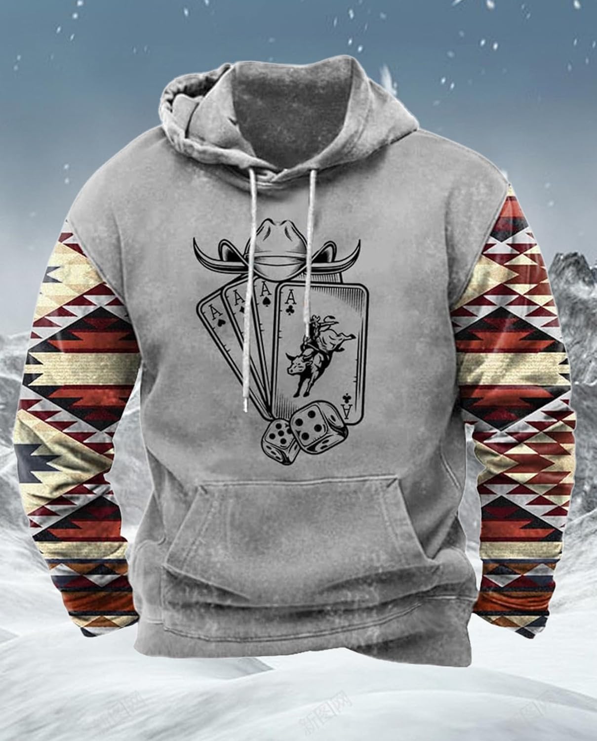 Zhyaj Western Hoodie for Men Aztec Cowboy Printed Drawstring Pullover Hooded Sweatshirt Mens Comfy Fleece Sweatshirt