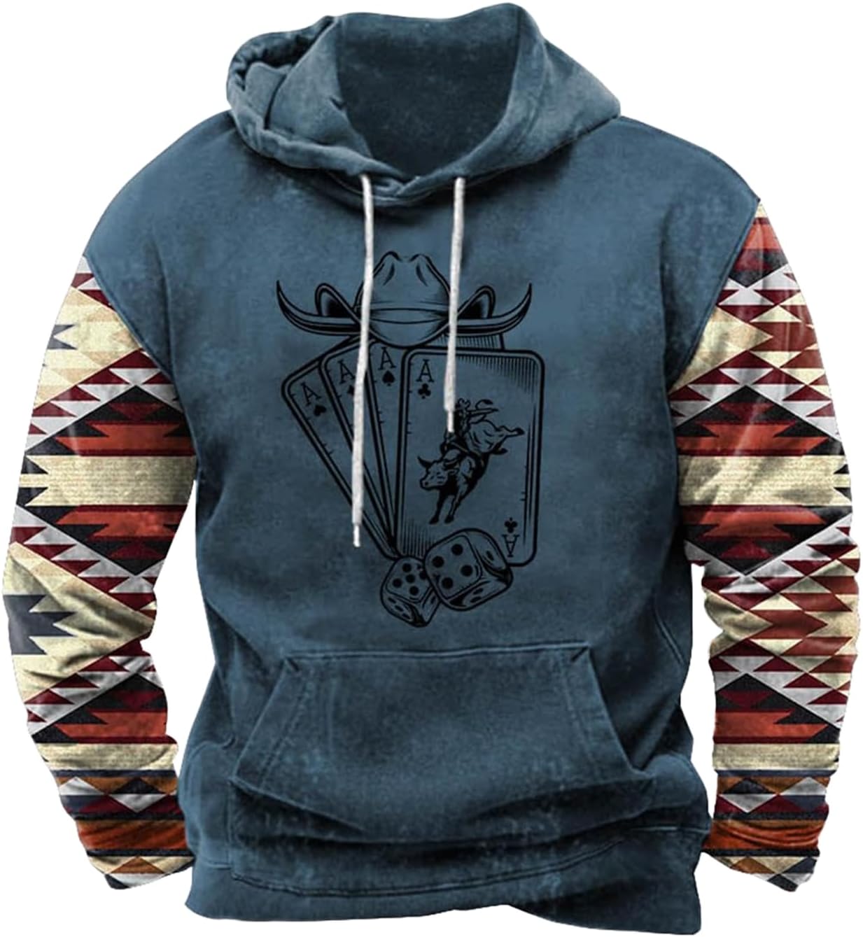 Zhyaj Western Hoodie for Men Aztec Cowboy Printed Drawstring Pullover Hooded Sweatshirt Mens Comfy Fleece Sweatshirt