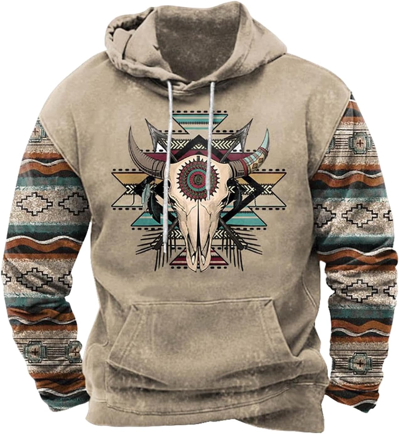 Zhyaj Western Hoodie for Men Aztec Cowboy Printed Drawstring Pullover Hooded Sweatshirt Mens Comfy Fleece Sweatshirt