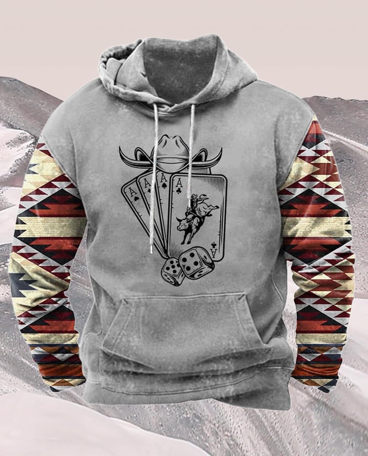 Zhyaj Western Hoodie for Men Aztec Cowboy Printed Drawstring Pullover Hooded Sweatshirt Mens Comfy Fleece Sweatshirt