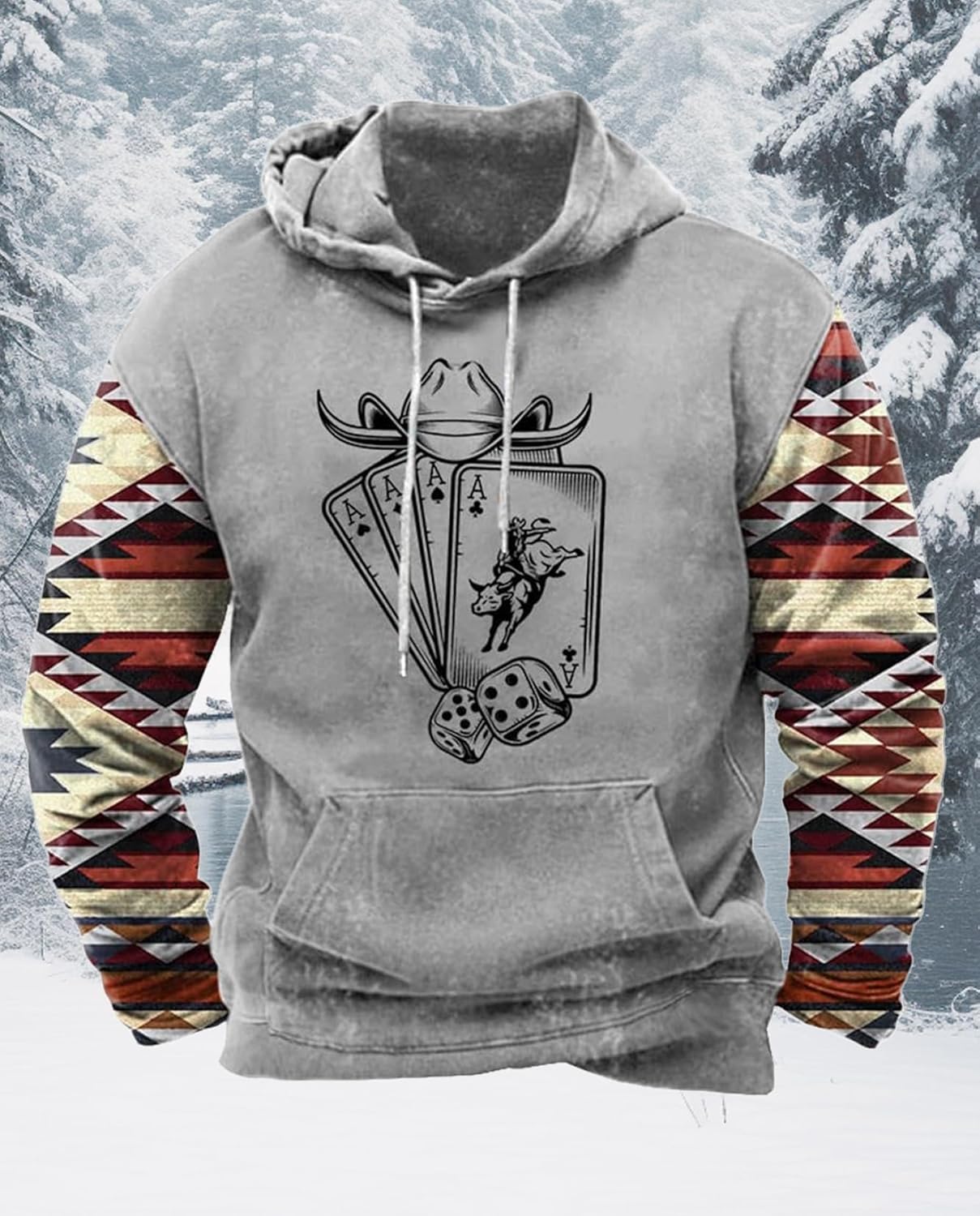 Zhyaj Western Hoodie for Men Aztec Cowboy Printed Drawstring Pullover Hooded Sweatshirt Mens Comfy Fleece Sweatshirt