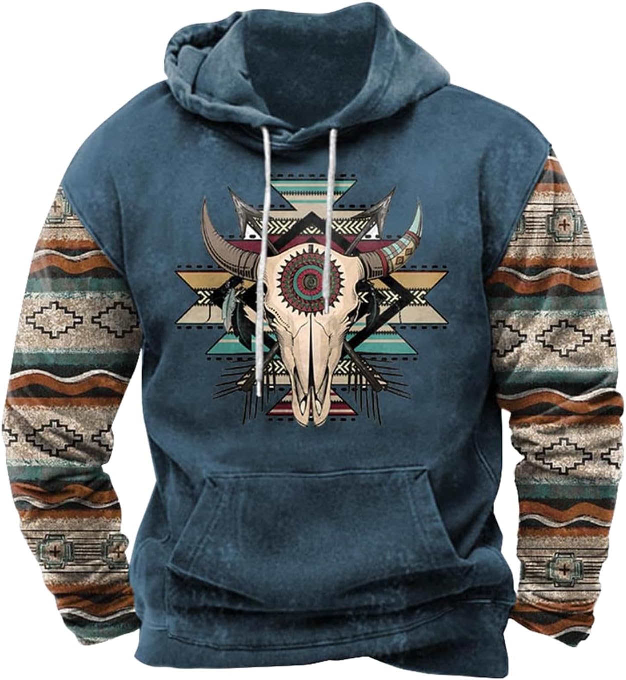 Zhyaj Western Hoodie for Men Aztec Cowboy Printed Drawstring Pullover Hooded Sweatshirt Mens Comfy Fleece Sweatshirt